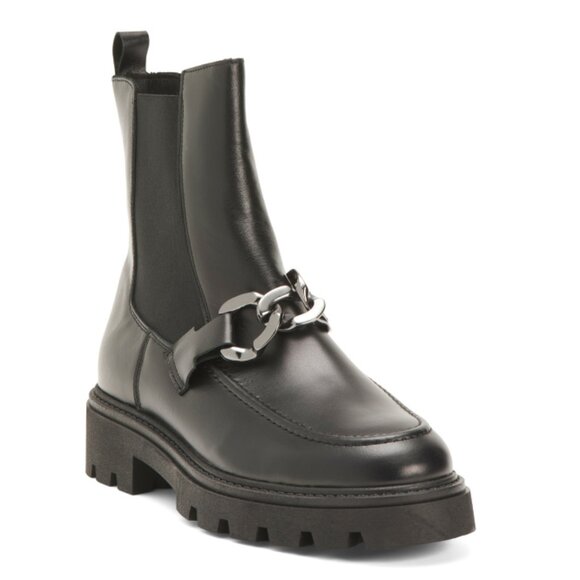 CRUZA Black Made In Portugal Leather Chelsea Booties With Silver Tone Chain